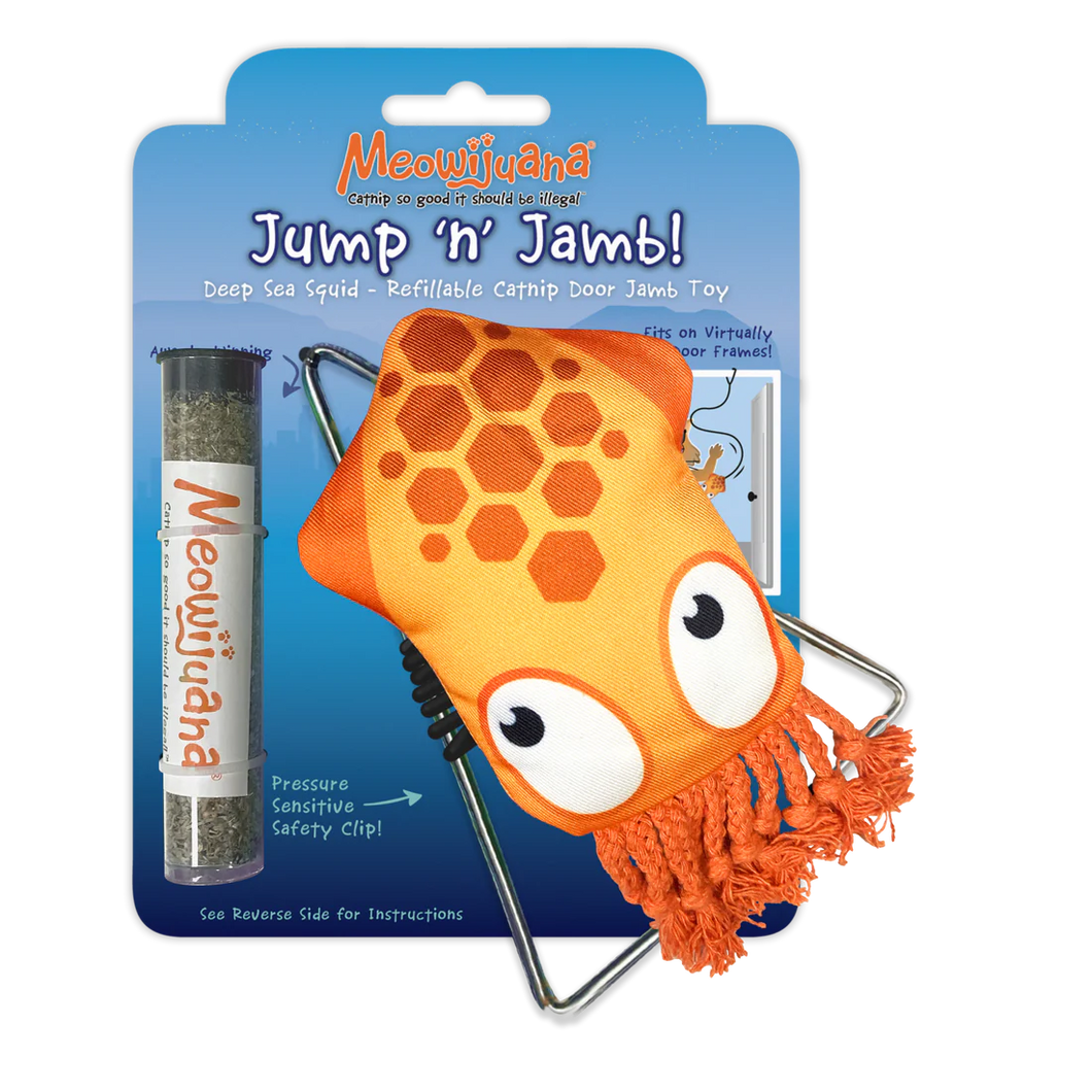 MEOWIJUANA BY SMARTERPAW® TOYS Jump 'n' Jamb - Deep Sea Squid - Refillable Catnip Swinging Toy