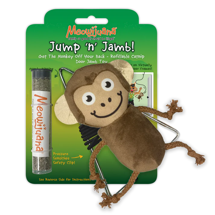 MEOWIJUANA BY SMARTERPAW® TOYS Jump 'n' Jamb - Get The Monkey Off Your Back - Refillable Catnip Swinging Toy