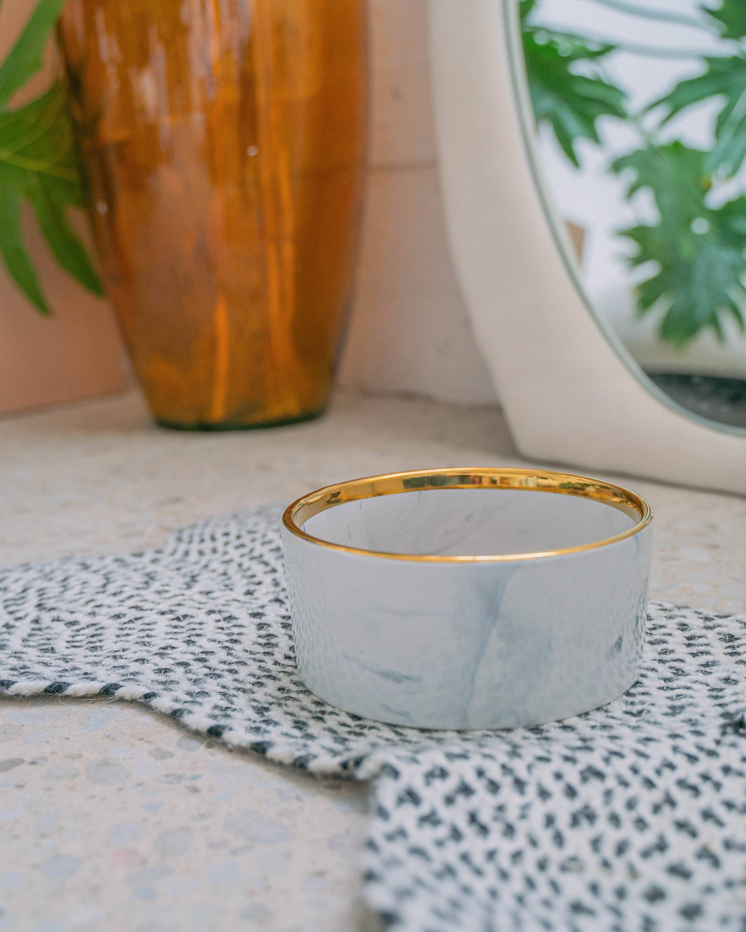 Grey Marble Dog Bowl with Gold Accent