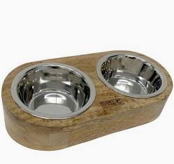 Goo-eez® Tilted Mango Wood Stainless Steel Double Bowl Feeder/Mangeoire à double bol inclinée en bois de manguier et acier inoxydable