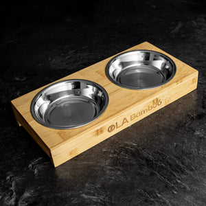 Ola Bamboo Double Stainless Steel Bowl and Bamboo Stand